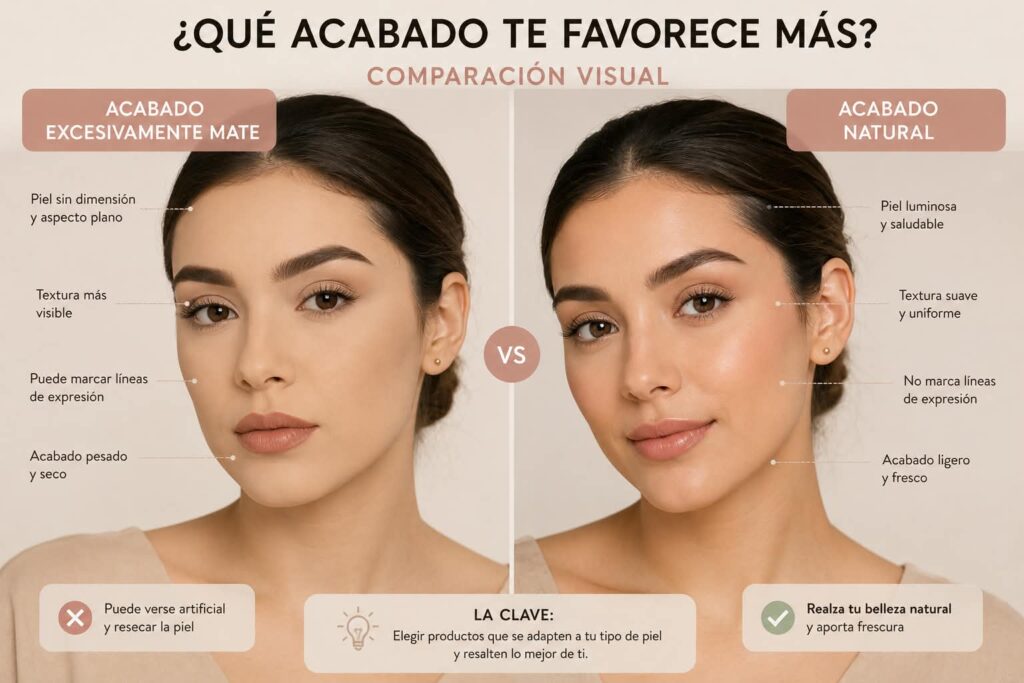 Acabado natural de base de maquillaje sobre piel madura