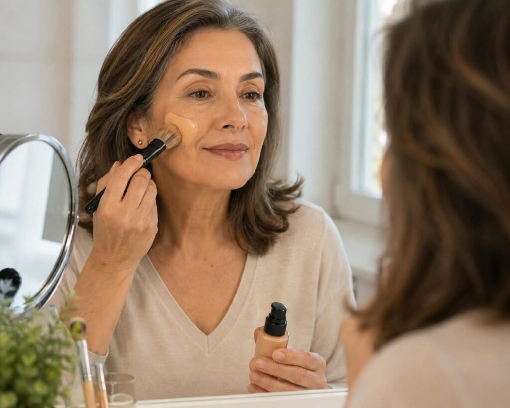 Mujer aplicando base de maquillaje para piel madura de 50 años
