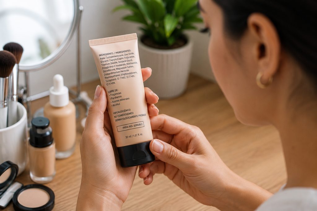 Mujer revisando ingredientes de maquillaje para piel sensible
