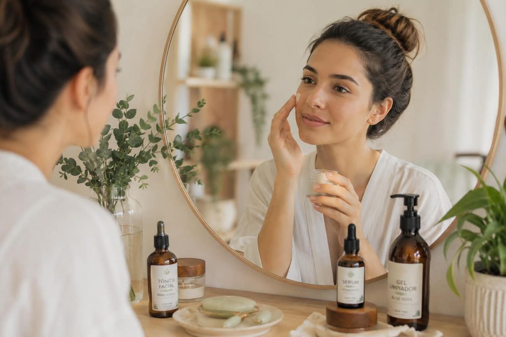 Mujer utilizando productos de cosmética natural en su rutina de belleza
